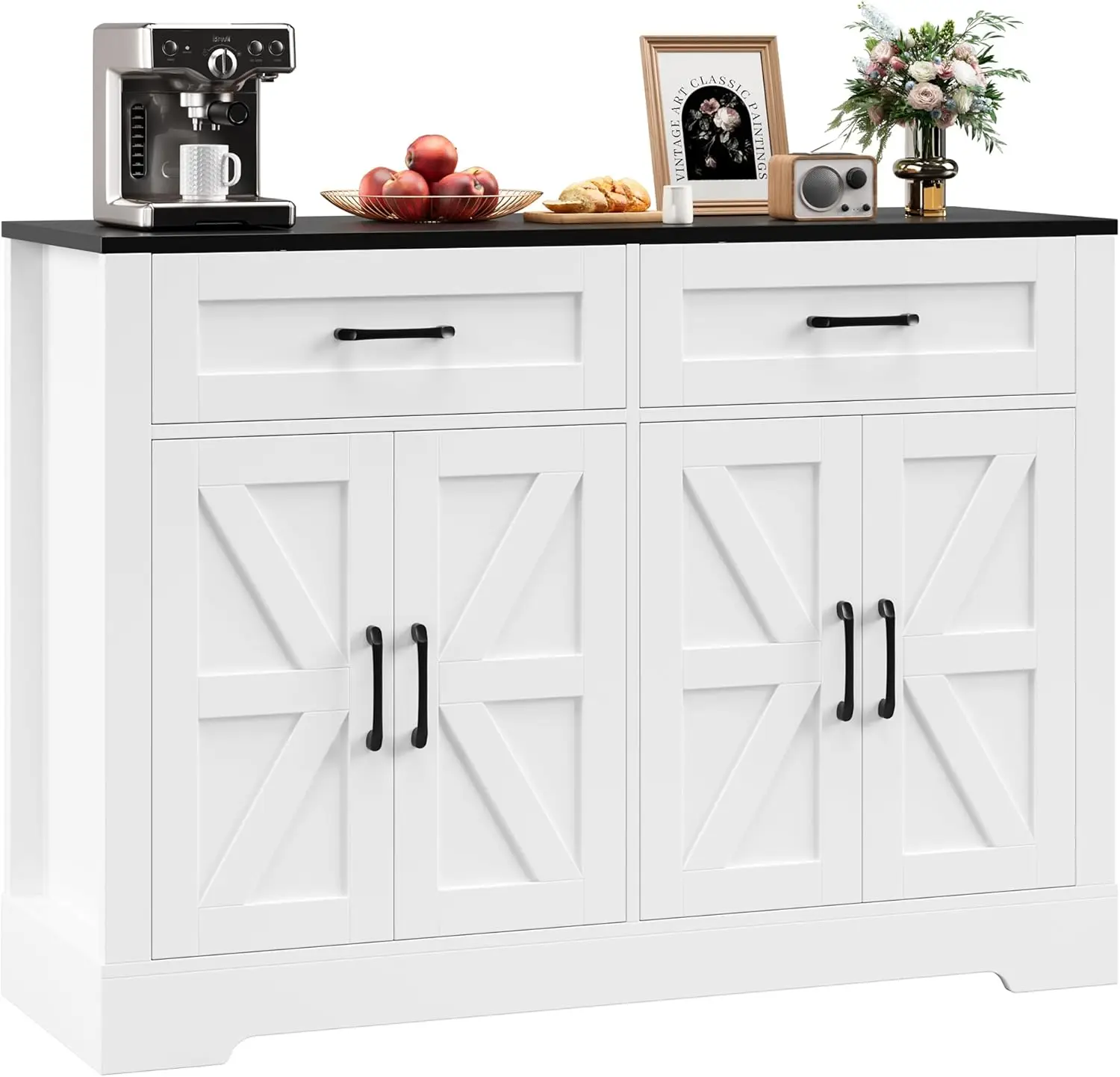 Farmhouse Sideboard Buffet with Drawers, White and Black Kitchen Cabinet for Dining Room, Hallway, Coffee Bar
