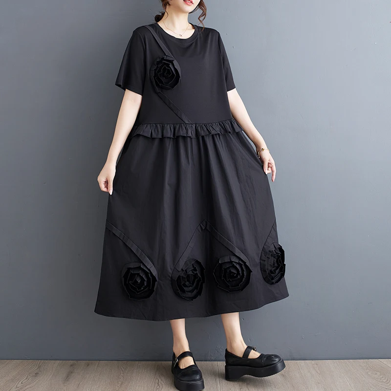 Robe T-shirt Manches Courtes, Noir, Patchwork, Fleur, At, Ligne A, Fendue, Streetwear, Longue, Taille Haute, #3874