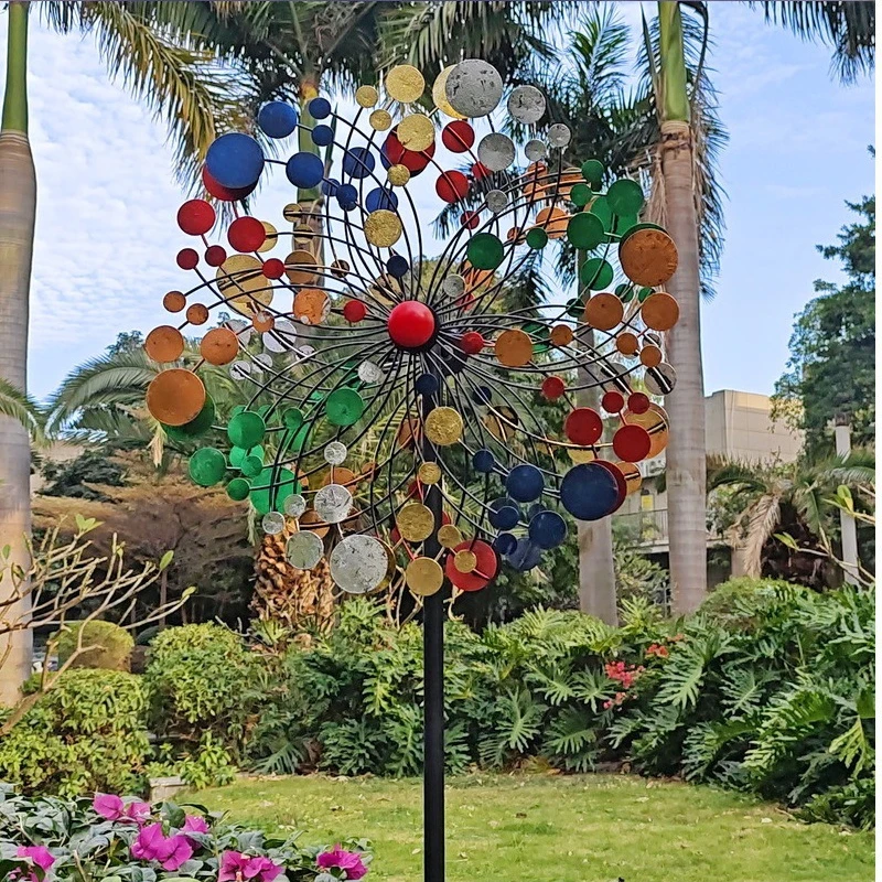 Hand-Painted Round Dot Windmill Double-Sided Rotating Metal Pinwheel Stylish Garden Spinner Vibrant Scenic Spot Decoration