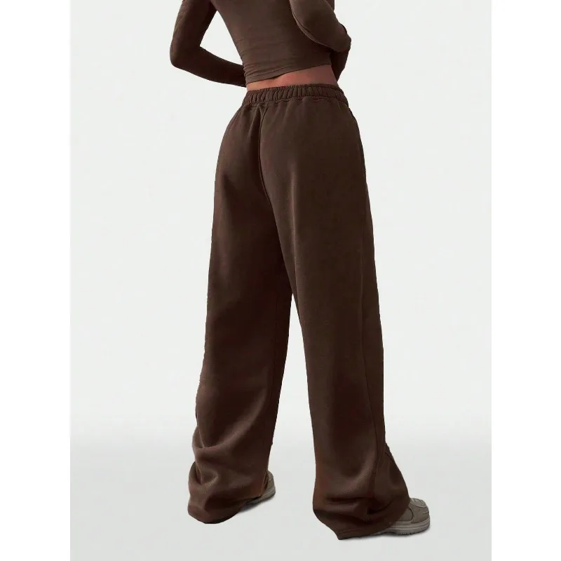 حجم كبير 1XL-5XL جديد المرأة اللياقة البدنية Sweatpants واسعة الساق مستقيم عادية عالية الخصر بلون السراويل الرياضية