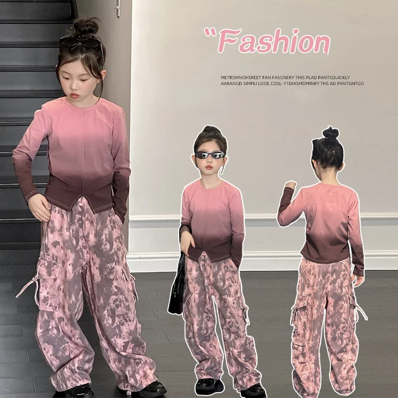 

Girl Clothes Set Size4-14Y Child Tie-Dye Top+Leopard Bottom Clothing Suit Kid Autumn Clothing Set Toddle Girl Casual Y2K Fashion
