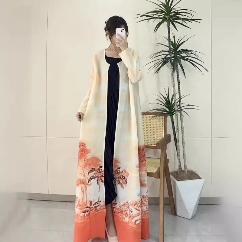 Miyake Spring Fashion Women's Round Neck Open Long Coat Elegant and Elegant Dress Casual Saudi Style Robe