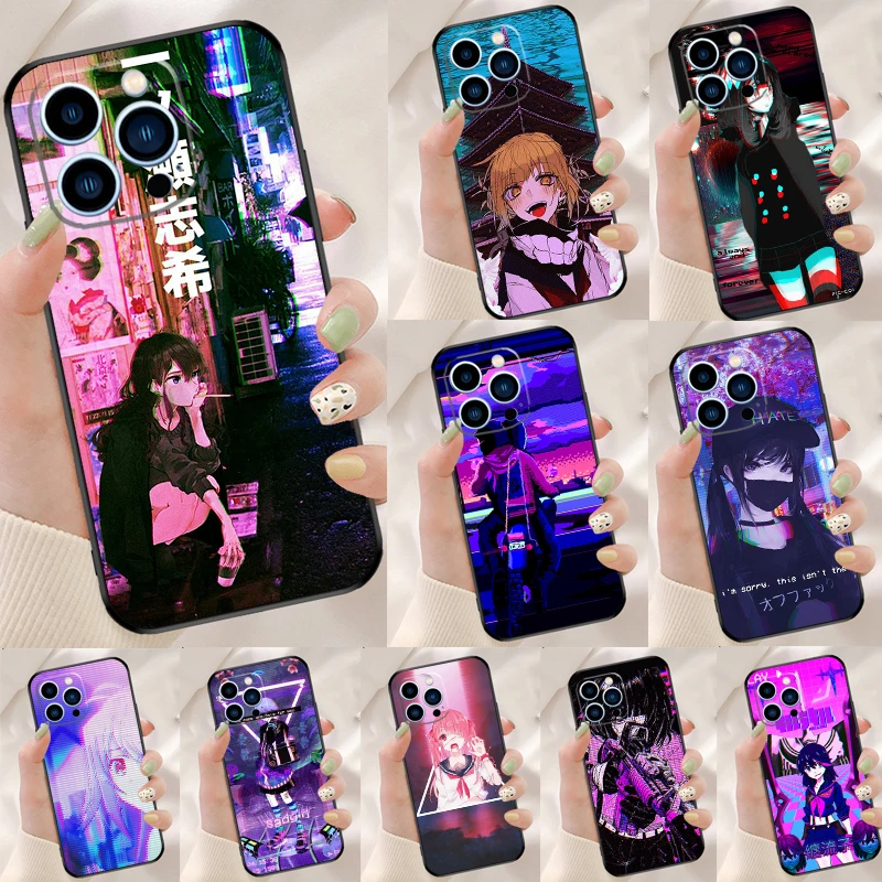 Anime Vaporwave Glitch Case For iPhone 15 14 XR X XS Max Plus SE2 11 12 13 16 Pro Max Cell Phone Cover Casing Coque