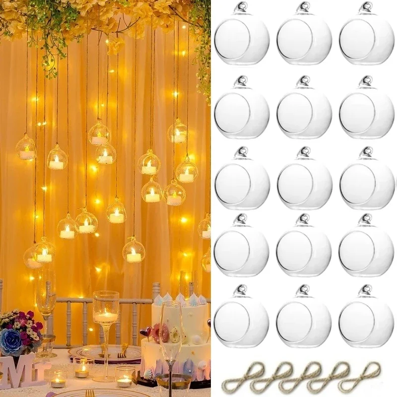 Round Hollow Glass Hanging Stand Candle Holder with LED Candle 6/8cm Candle Candlestick for Wedding Party Tree Garden Decoration