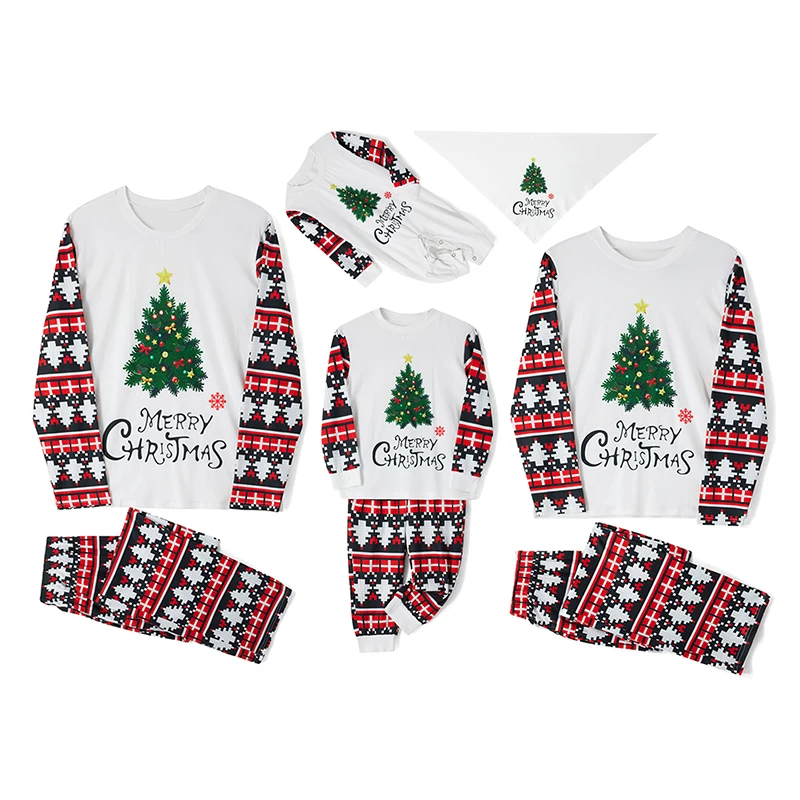 

Christmas Family Matching Pajamas Set Long Sleeve Tops and Bottoms Letter Tree Print Loose Fit Holiday Outfit