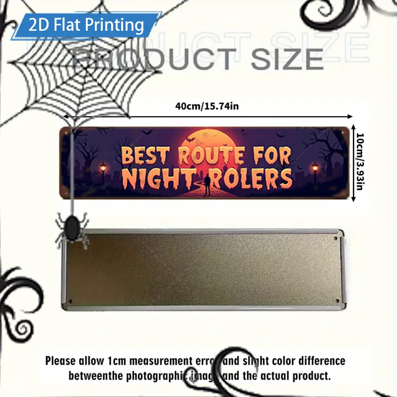 Sinal de metal de 1 unidade, sinal de rota de rolos noturnos de Halloween de 4 x 16 polegadas, decoração de morcego de abóbora assustador para cerca