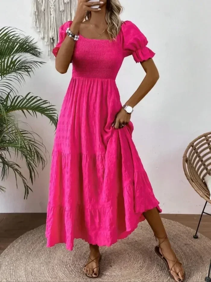 플러스 사이즈 1XL-5XL 새로운 여성 스퀘어 넥 반팔 튜닉 드레스 패션 드레스