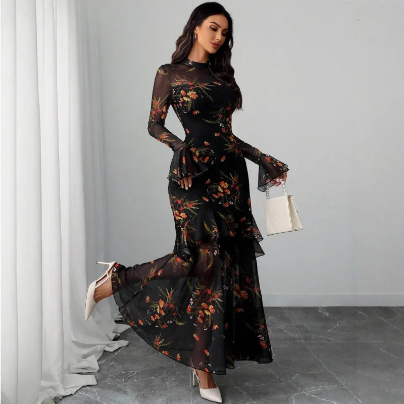 Robe longue à imprimé floral pour femme avec manches flottantes – Robe longue noire à motif botanique, vêtements de station de vacances ​