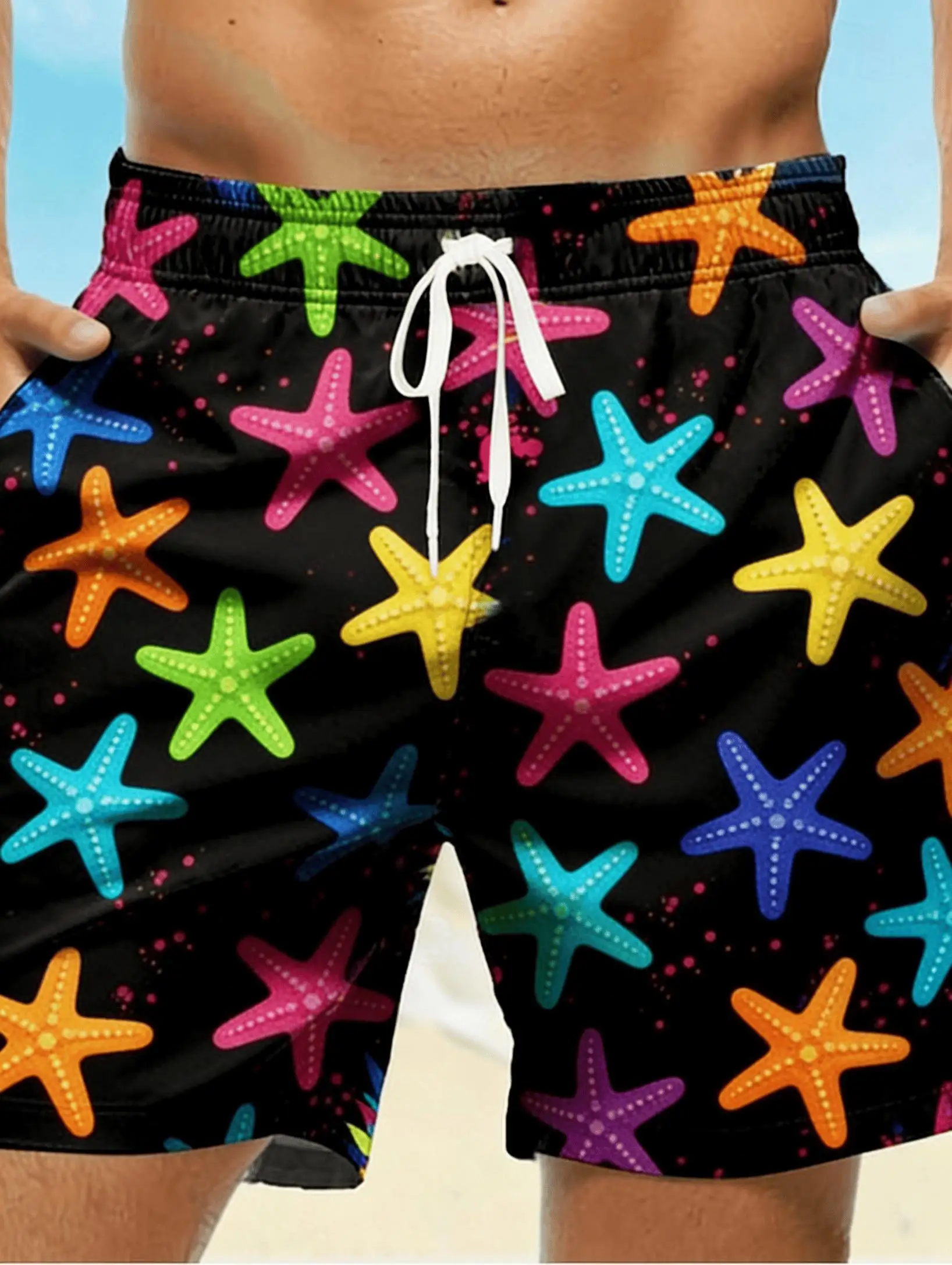 Men's Hawaiian Cool Black Background Colorful Print Men's Shorts, Loose Casual Spring Summer Seaside Surf Pants