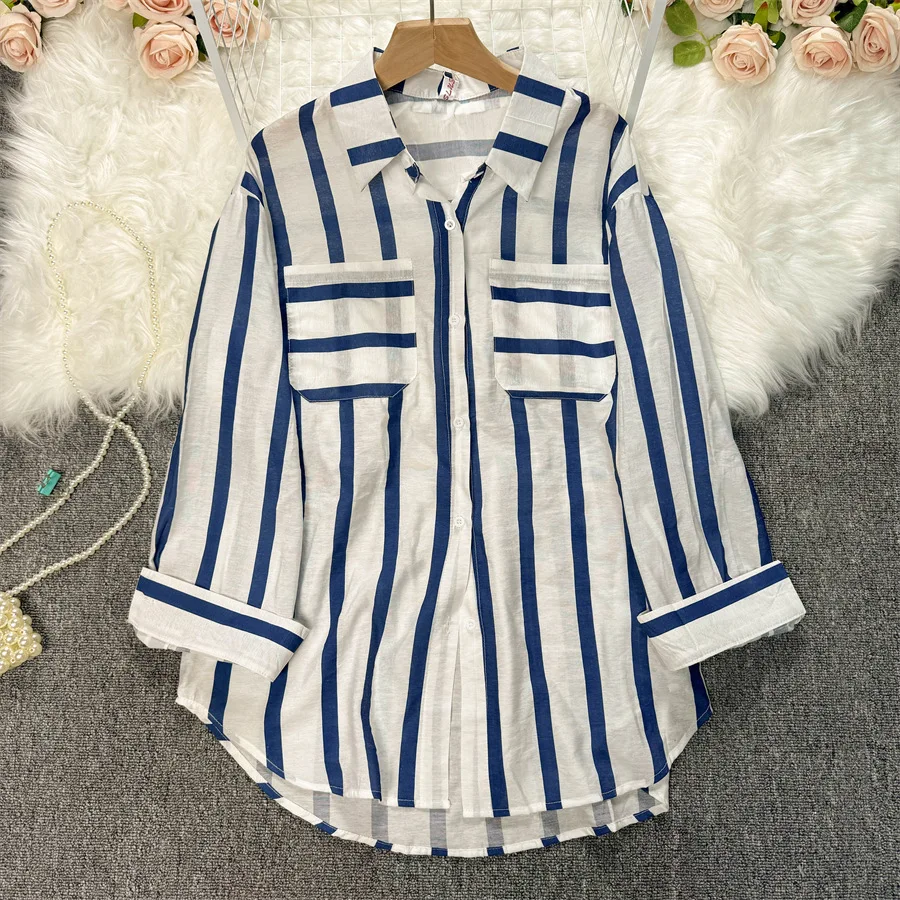 Women Shirt Single Breasted Turn Down Collar Cardigan Striped Blouses Pockets Loose Fit Shirts Casual Basics Button 2024