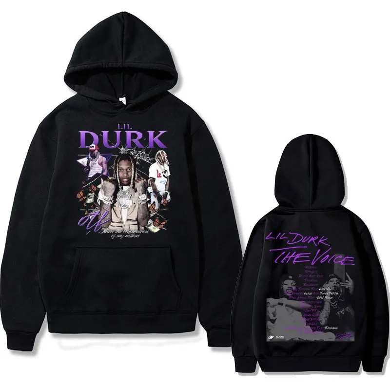 Rapper Lil Durk Hoodie cetak grafis pria wanita Hip Hop mode Vintage bertudung kaus pria Hoodie katun bulu longgar