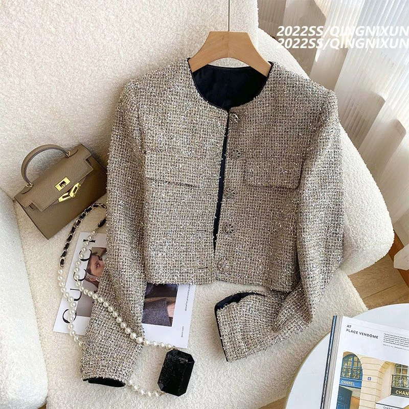 

Korean Small Fragrance Women Tweed Outerwear Autumn Spring Single-breasted Blends Wool Female Long Sleeve Jacket Coat U826