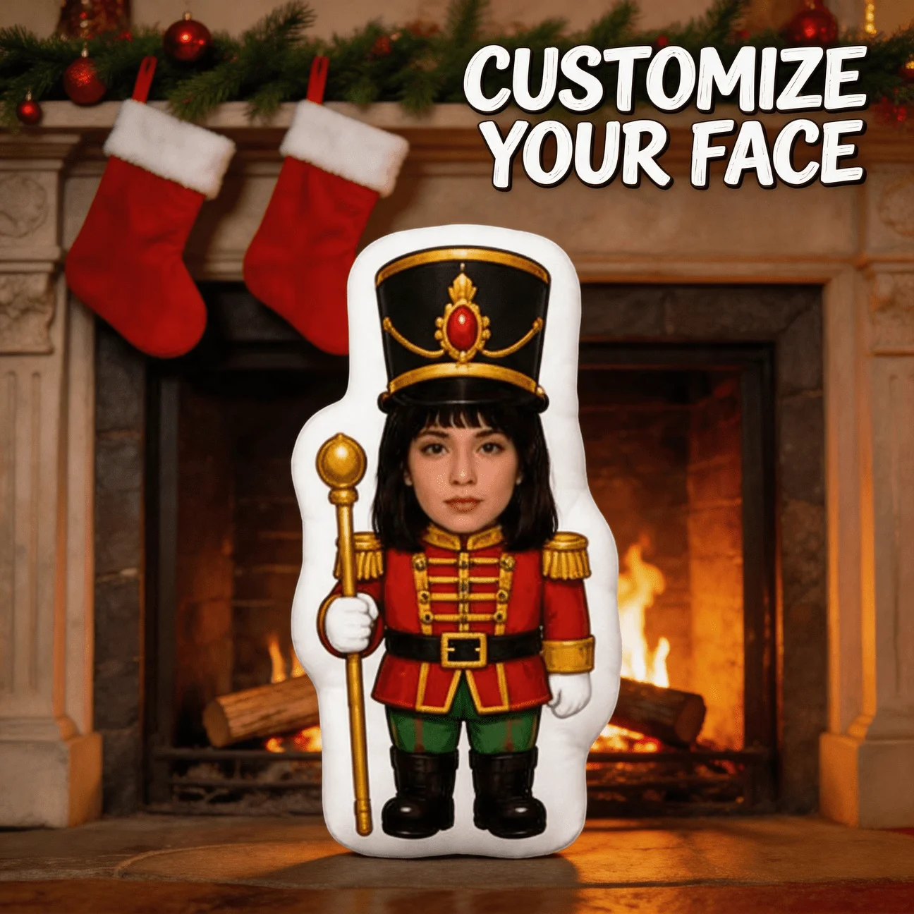 Custom Photo Nutcracker Soldier Shaped Pillow, Personalized Face in Red Uniform Decorative Cushion, 70CM Home Decor Accent for S
