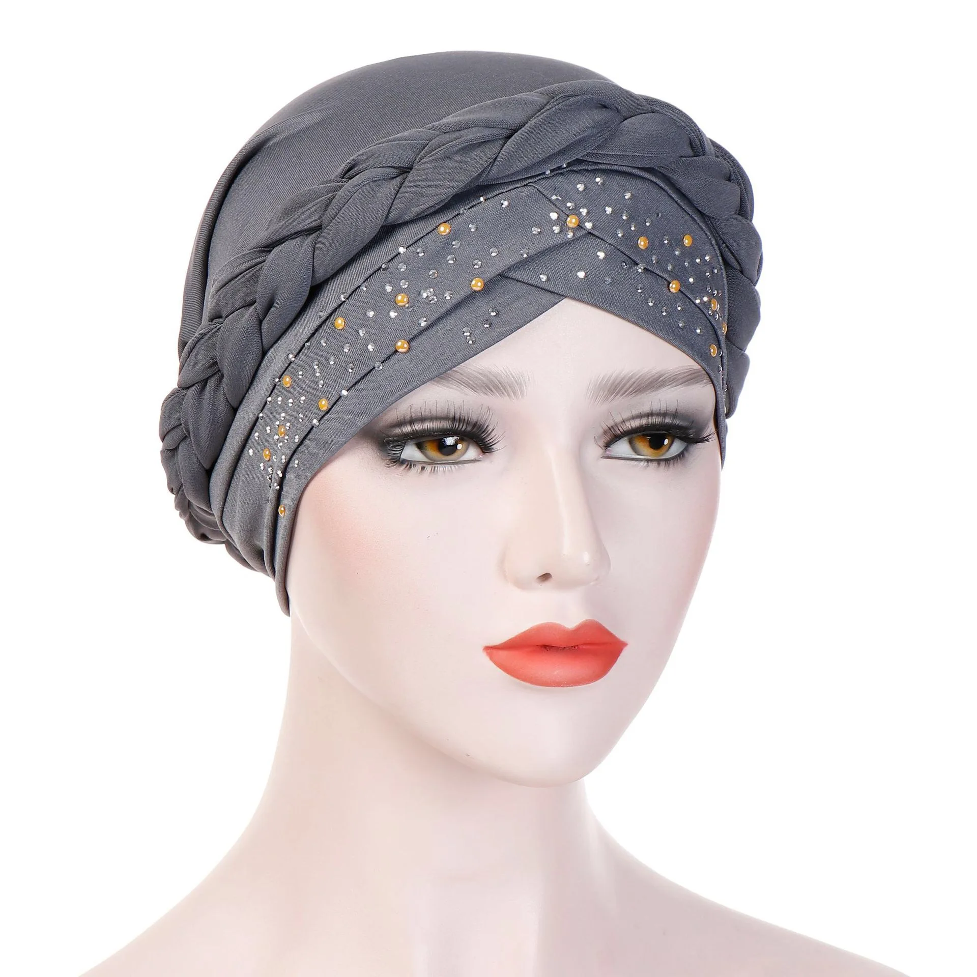 

2025 New Arrival Muslim Hijabs for Women Girl Islam Dubai Soft Fabric Headscarf Suitable Beading Blue Hats Slight Strech Caps