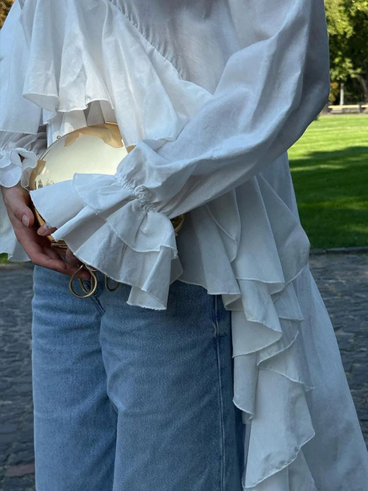 Mueyaruho Women 2025 Summer Autumn Elegant Ruffles Shirt V-neck Long Sleeve Solid White Blouse For Women