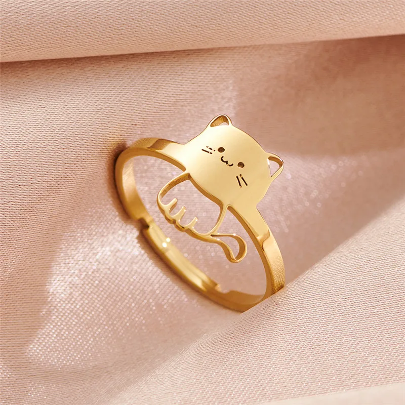 Women Fashion Finger Rings Cartoon Animal Cat Opening Ring for Girls Minimalist Kitten Jewelry Party Engagement Gift Bague