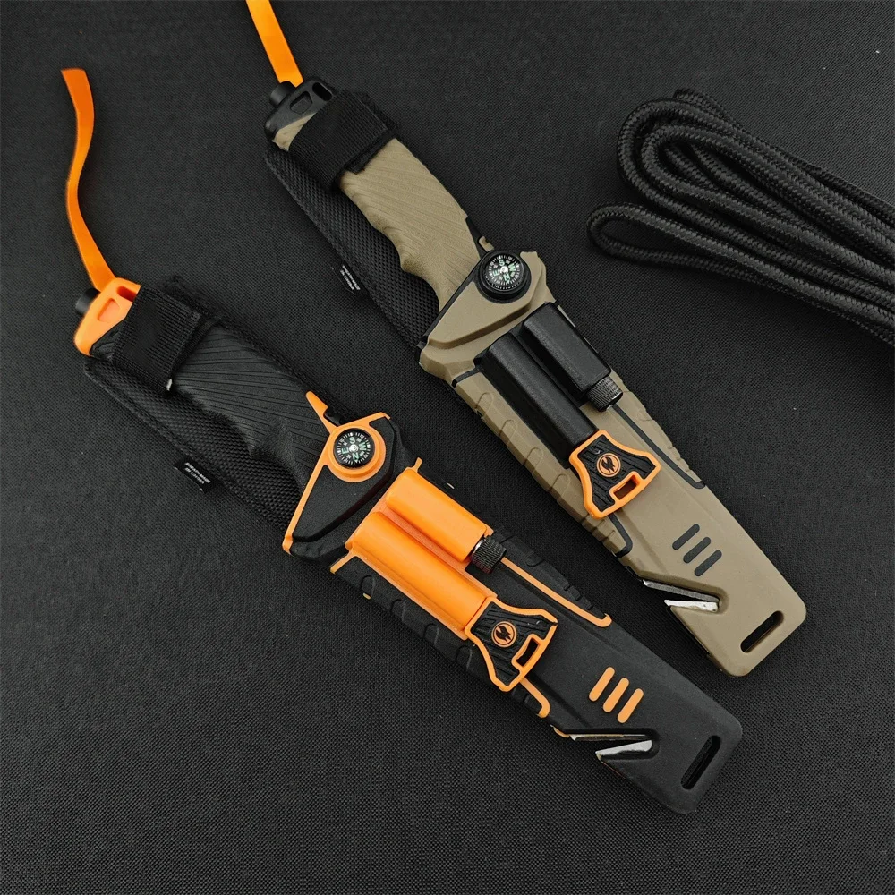 GB Survival Fixed Blade Knives with Flashlight 8Cr13Mov Blade Rubber Plastic Handle Adventure Hunting Combat Gear for Men