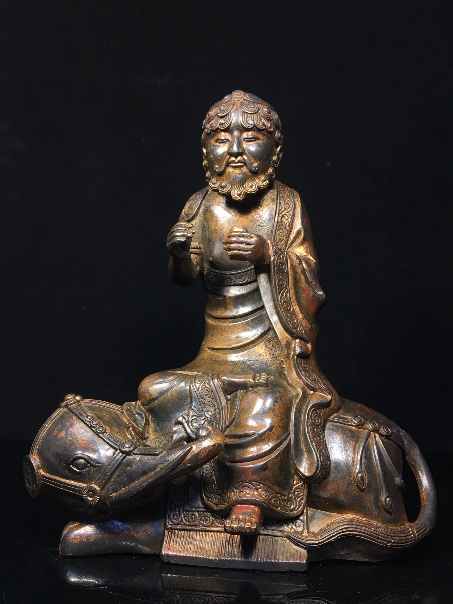 

11"Tibetan Temple Collection Old Bronze Cinnabar Bodhidharma Amitabha Dharma Sitting Buddha Mythical Animals Worship Hall