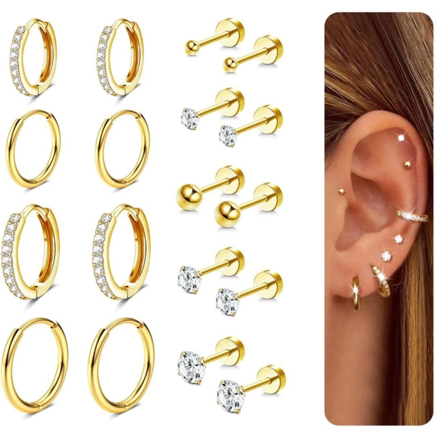 

Drperfect 14K Gold-plated Studs Hoop Earrings Set for Women Hypoallergenic Flat Back Earrings Helix Cartilage Piercing Jewellry