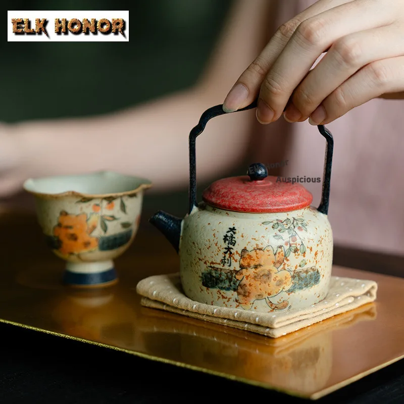 Imagen 7: Tetera con mango de elevación de gato pintada a mano de 110ml, tetera con Infusor de té antiguo, tetera para preparar té con colador, juego de té chino artesanal