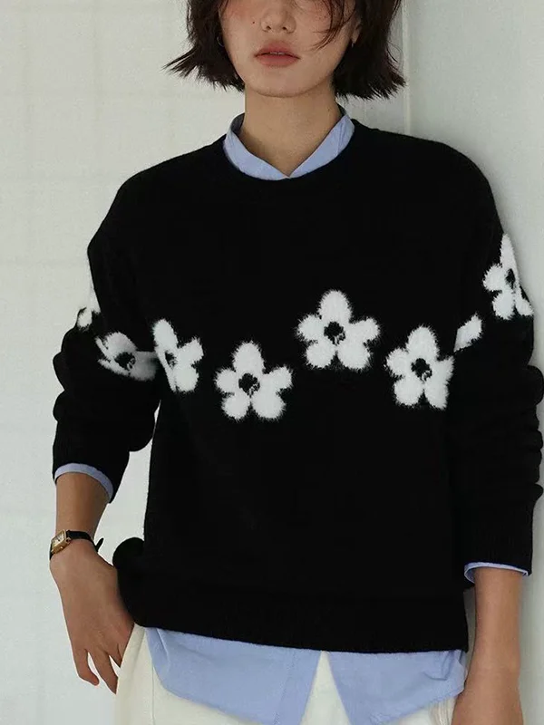 

New Jacquard Pure Cashmere Sweater in Autumn and Winter Women's Round Neck Flower Knitted Sweater Loose Casual Top
