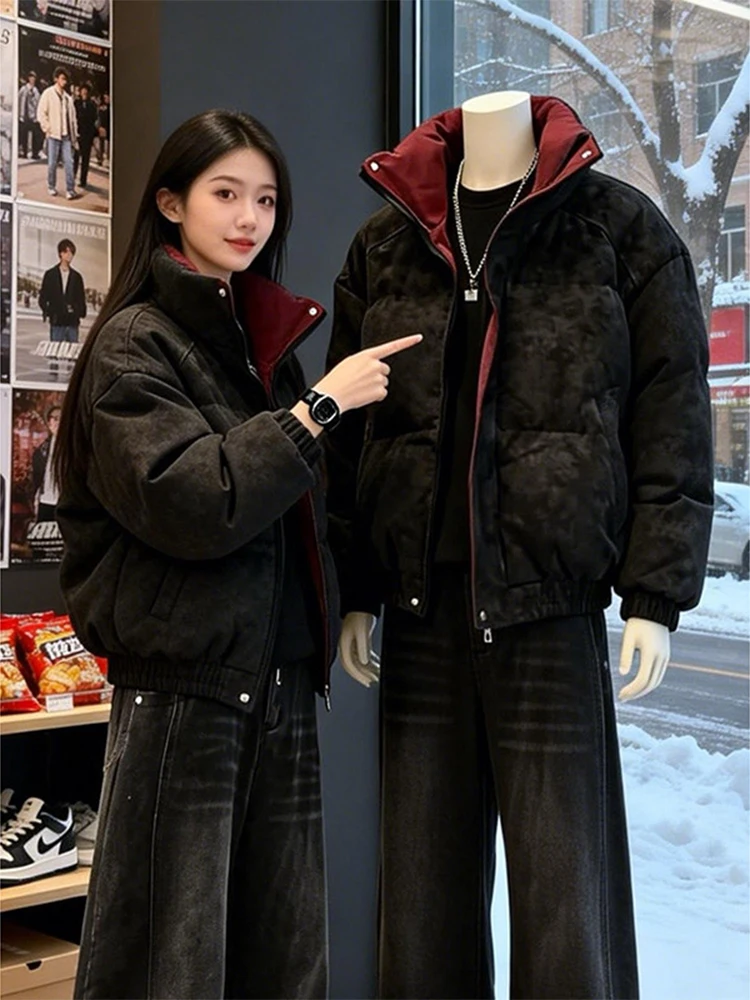 

Мужская утепленная хлопковая куртка с эффектом тай-дай, черно-красная, зимняя, теплая, из искусственной кожи, молодежная, повседневная, с длинными рукавами, на молнии