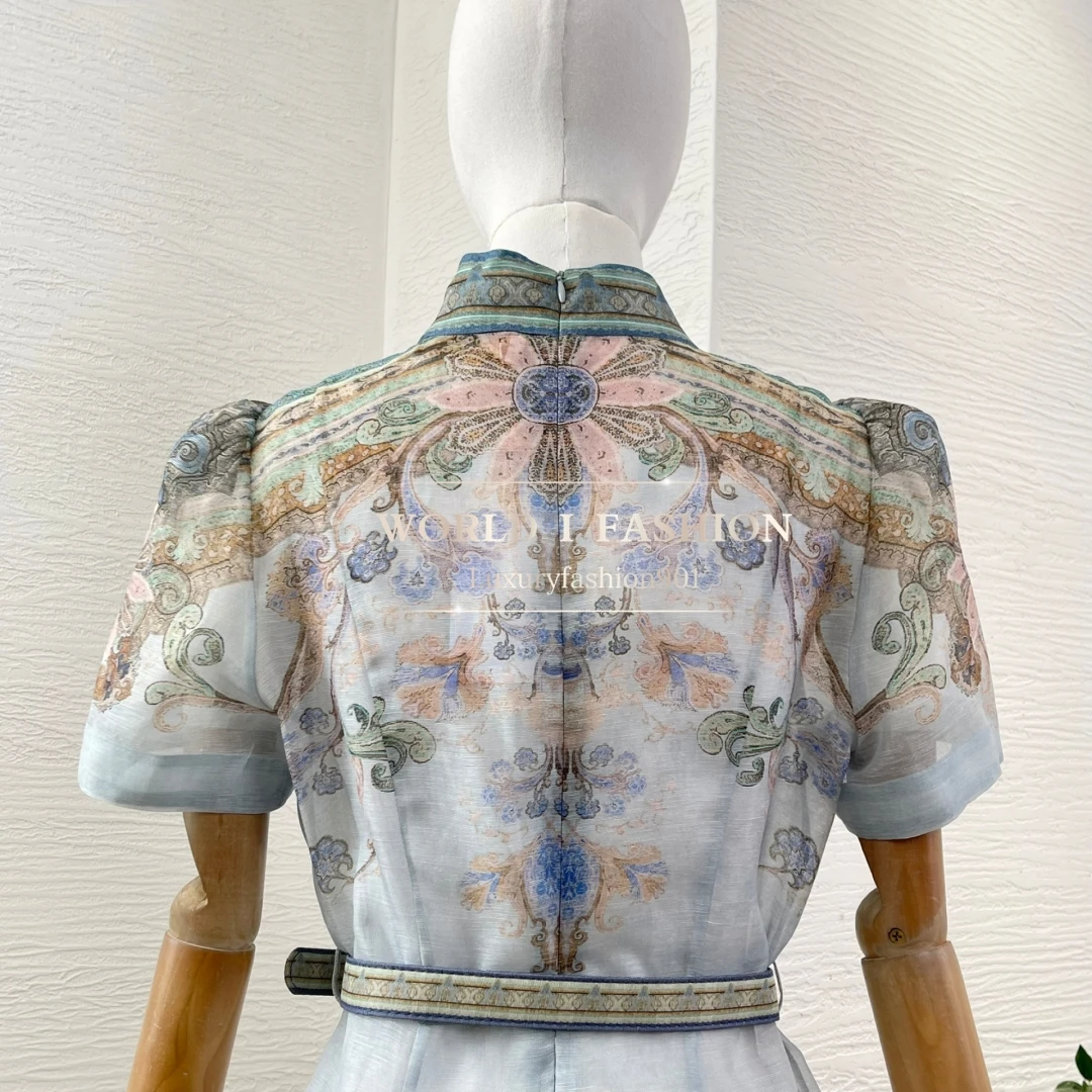 レトロペイズリーニューリネンシルク春夏ビーチスタイル高品質フルスリーブスタンドカラーウエスト女性ミディドレス