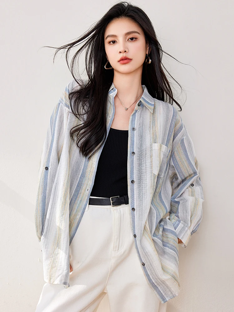 Pink Striped Shirt Women Loose Long Sleeved Button Up Blouse Autumn New Korean Style Ladies Streetwear Casual Shirts 2024