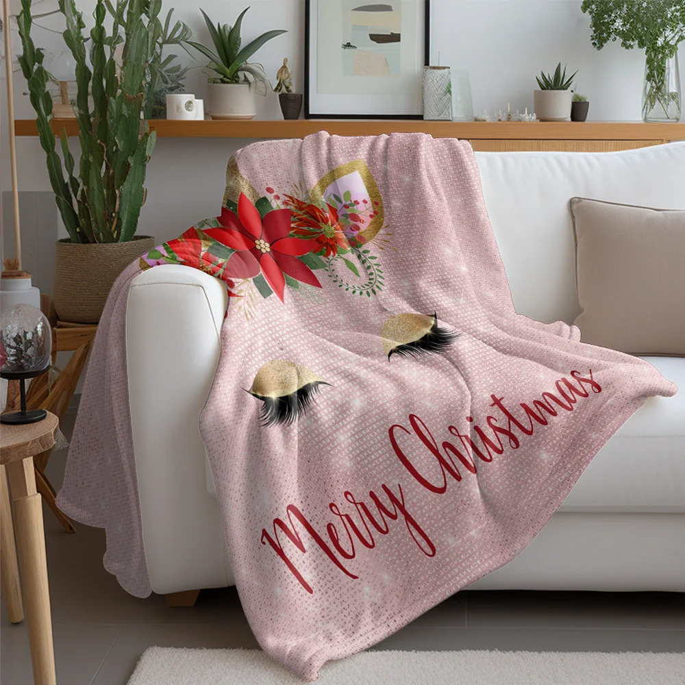 Unicorn Christmas Fleece Blanket, Pink with Gold Horn and Red Flowers, Magical Merry Christmas Design for Festive Decor