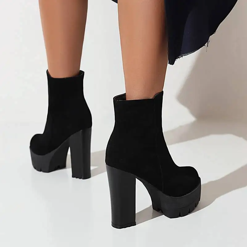 REAVE CAT Classic Short Booties Round Toe High Heel 12cm Platform 4cm Flock Suede Big Size 43 Sexy Daily Boot