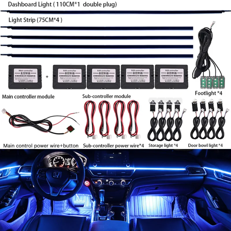 

18 in 1 Ambient Light 64 Color RGB Bluetooth App Control 12V LED Strip Lights For Car Interior Breathe Dashboard Door Decoration