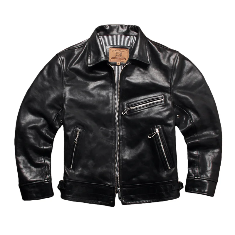 

Black Autumn Leather Jacket Men American Casual Style Plus Size 5XL Genuine Natural Cowhide Turn-Down Collar Slim Fit Coat