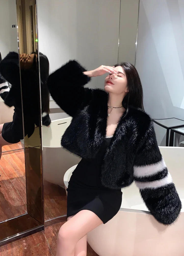 FANIECES Women Faux Fur Short Coat V Neck Casual Black Fur Outwear Cropped Tops Hairy Fluffy Party Elegant Luxury Feather Jacket