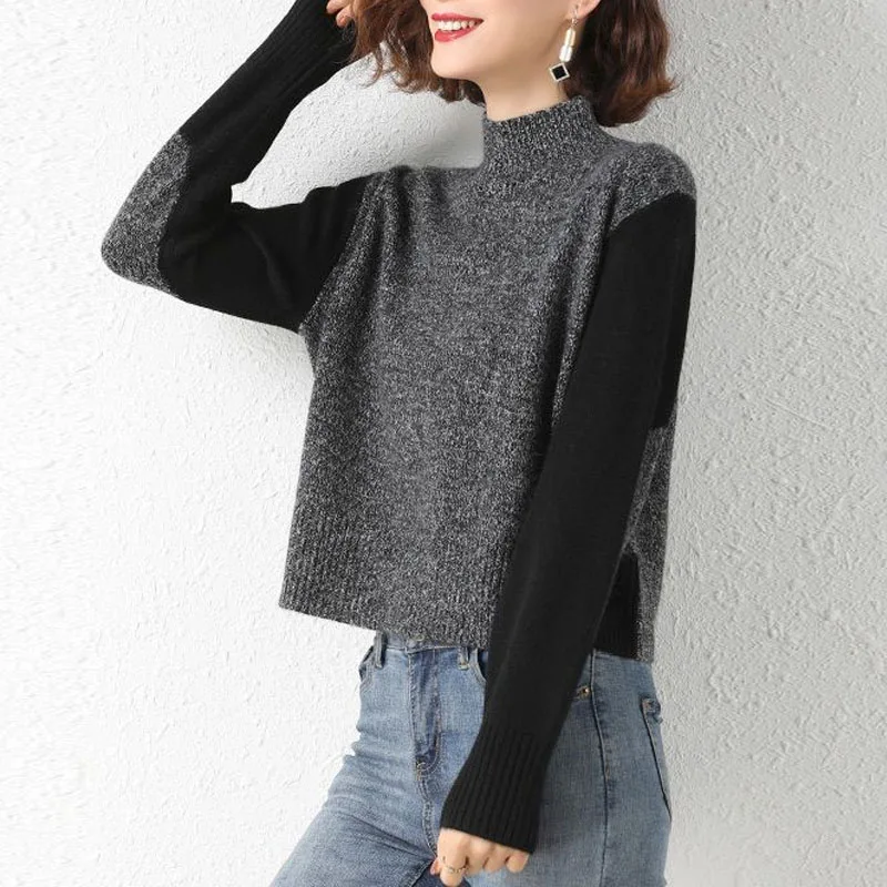 New Autumn and Winter Fashion High Waist Short Half High Neck Colored Loose Versatile Foreigner Long Sleeve Knitted Sweater