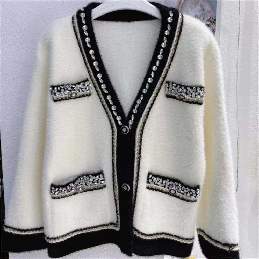 

women's loose single-breasted stitching beaded sweater coat white black v neck knitted cardigan