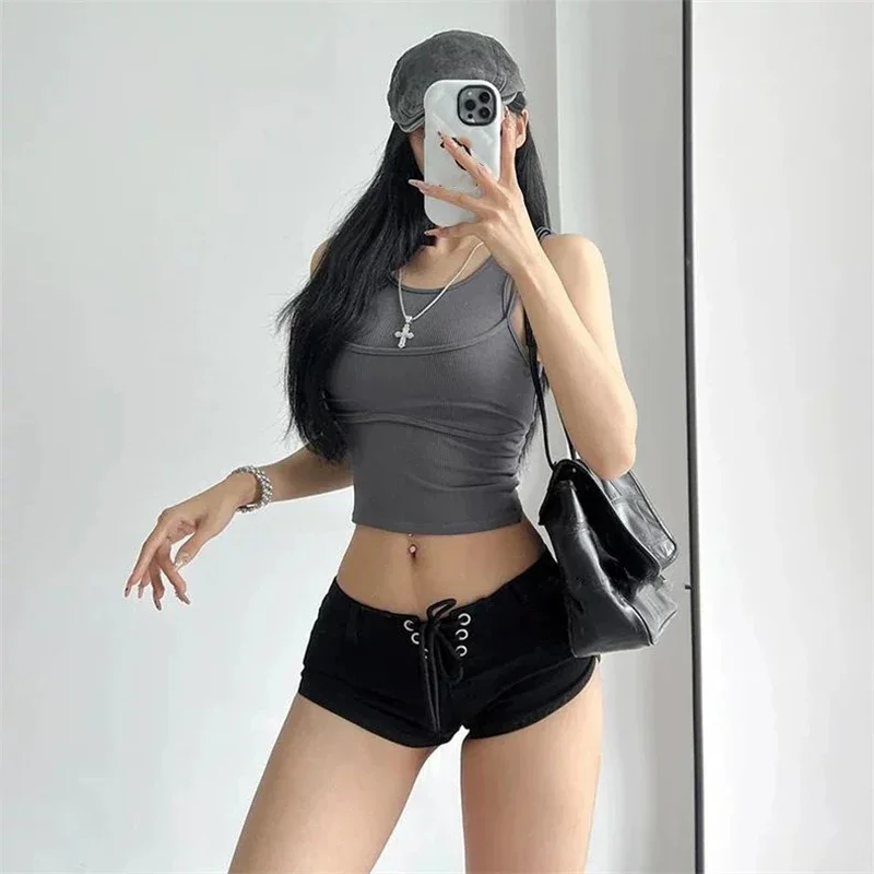 Y2K 2000S Black Denim Shorts Women Sexy Low Rise Bandage Shorts Jeans Summer Streetwear Fashion Slim Hot Short Pants New