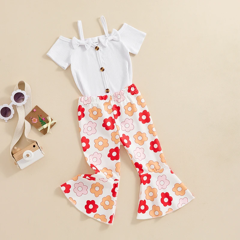 Kid Girls Pants Set Short Sleeve Bow Button Closure T-shirt with Flower Print Flare Pants Summer Outfit