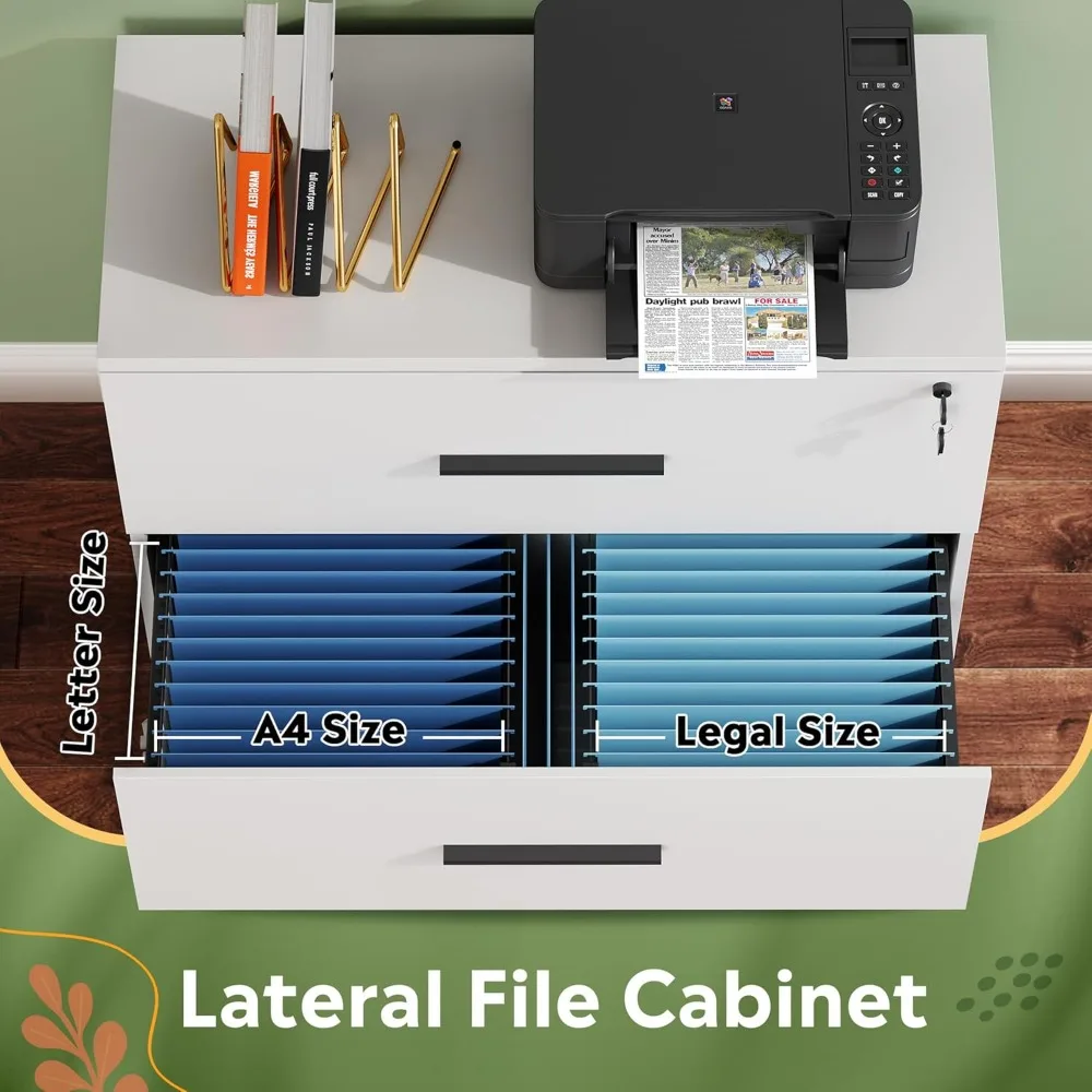 2-Drawer Wooden Locking Lateral File Cabinet for Home Office, White
