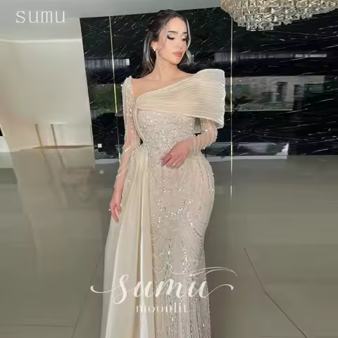 Moonlit Customized Nude Mermaid Evening Dress Luxury Evening Dresses Mermaid Trumpet Gown Ivory Off-the-shoulder Pearls Beading