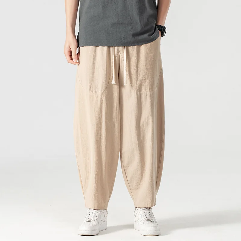 Linen Pants Men Baggy Pants Plus Size 13XL 15XL Summer Ankle-length Pants Male Solid Color Bottom Big Size 14XL