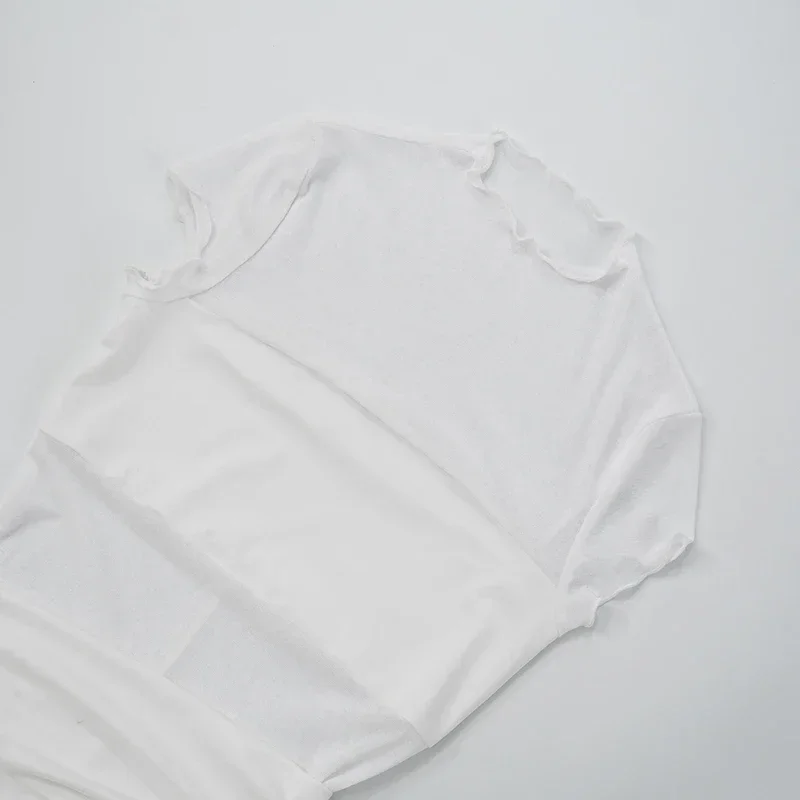 Abito da donna patchwork in rete trasparente tinta unita con scollo tondo, abito da festa elegante estivo con pieghe termoretraibili