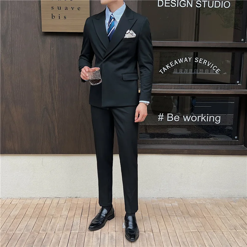 Europe and America Autumn New Men's Suit Two-piece Suit Korean Youth Business and Leisure Solid Color Simple Fit Suit.