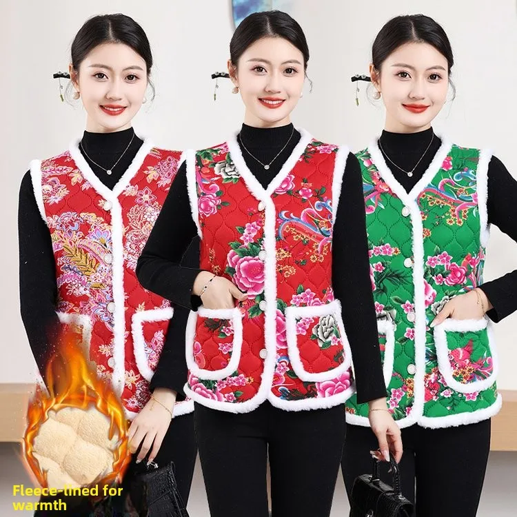 

Новинка осени 2025: Утепленный жилет с флисовой подкладкой и цветочным узором «Пион», в этническом стиле, для женщин, модный, из полиэстера