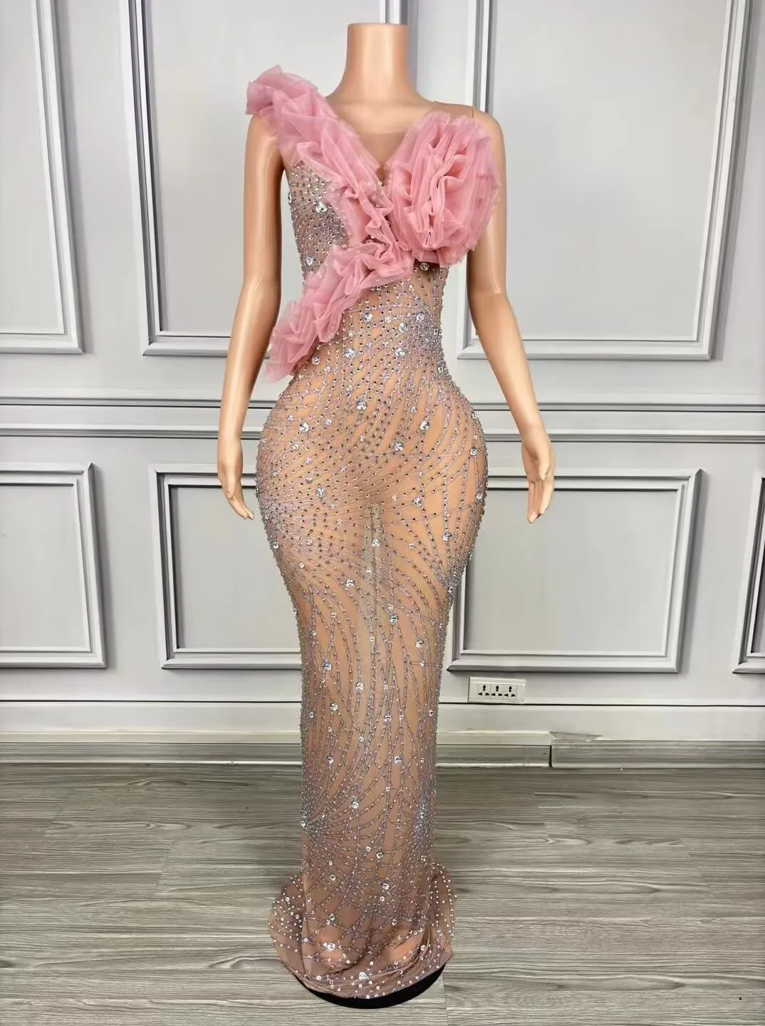 Sparkly Rhinestones Long Dress for Women Sexy Mesh Sleeveless See Through Celebrate Evening Prom Birthday Dress Photo Shoot Wear