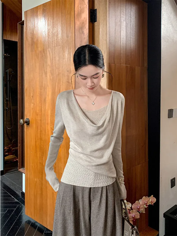 Unique Knitted Long Sleeve Base Shirt Women's Slim Fit Autumn Design Sense Inner And Outer Wear Oats Color Top Quality Fashion