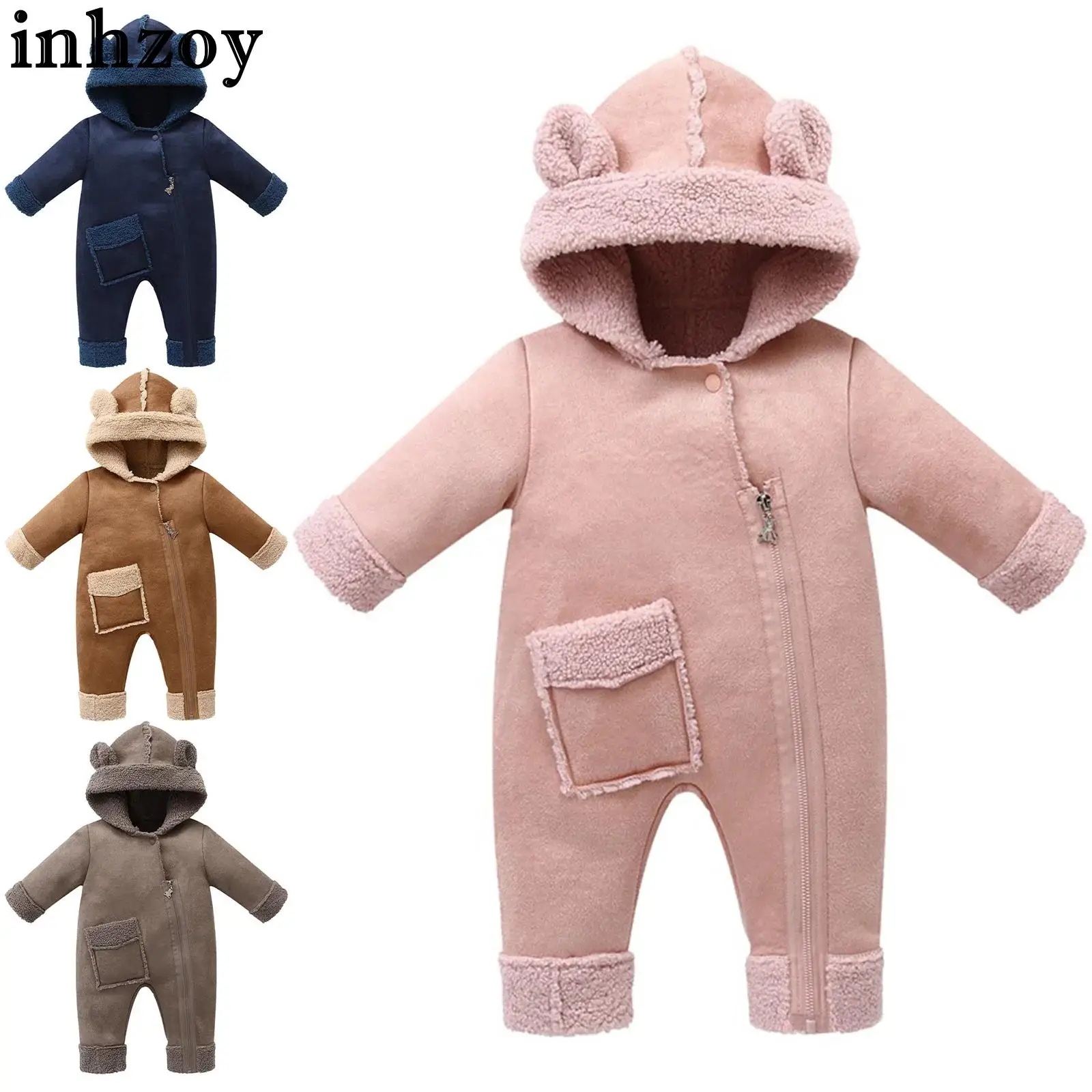 

Unisex Baby Long Sleeve Zipper Winter Warm Fleece-Lined Hooded Jumpsuit Thick Lamb Wool Rompers with Hat Daily Wear Homewear