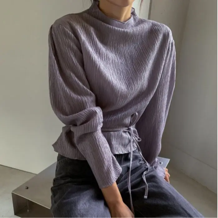 

Ele Pleated Long Sve Women's irt Stand Collar Dongda Gate Spring Faion High Quali Polyester Fiber Non-Stretchy