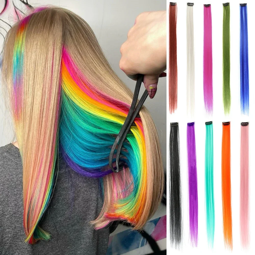 Synthetic Colored Clip In One Piece Straight Colorful Rainbow Hair Extensions 22 Inch Hairpieces