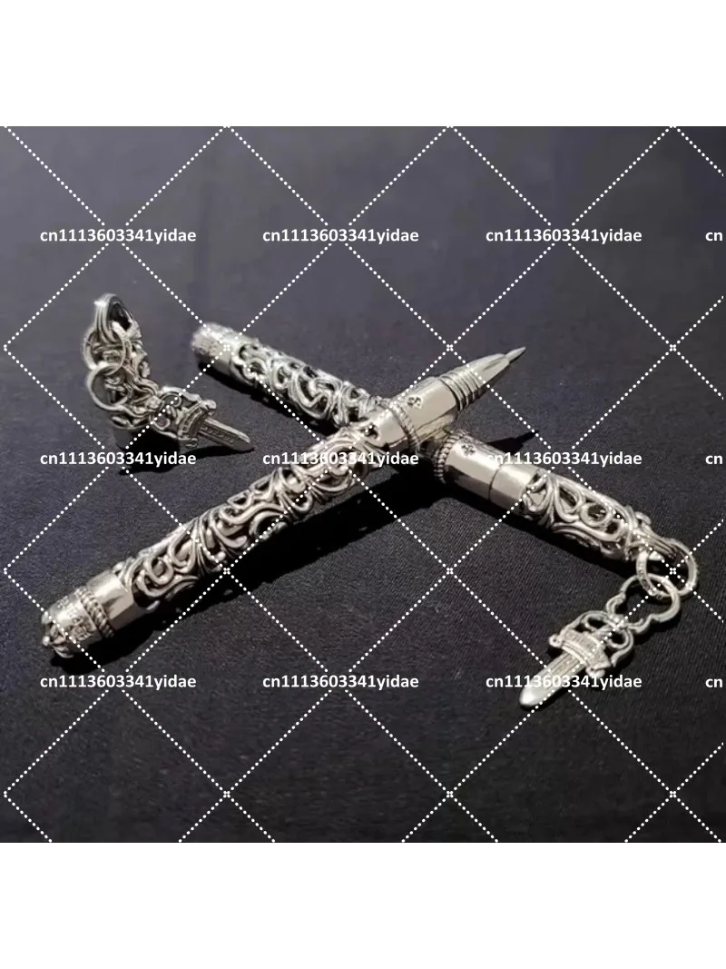 925 Silver Hollow Cross Engraved Metal Ballpoint Pen, European Court Style Signature Pen Gift