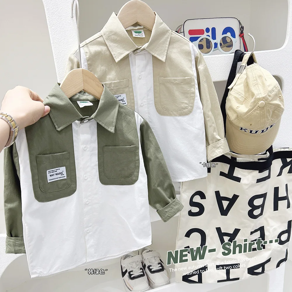 

Boys' long-sleeved shirt 2024 spring and autumn new children's baby autumn lapel matching color casual wear shirt tide